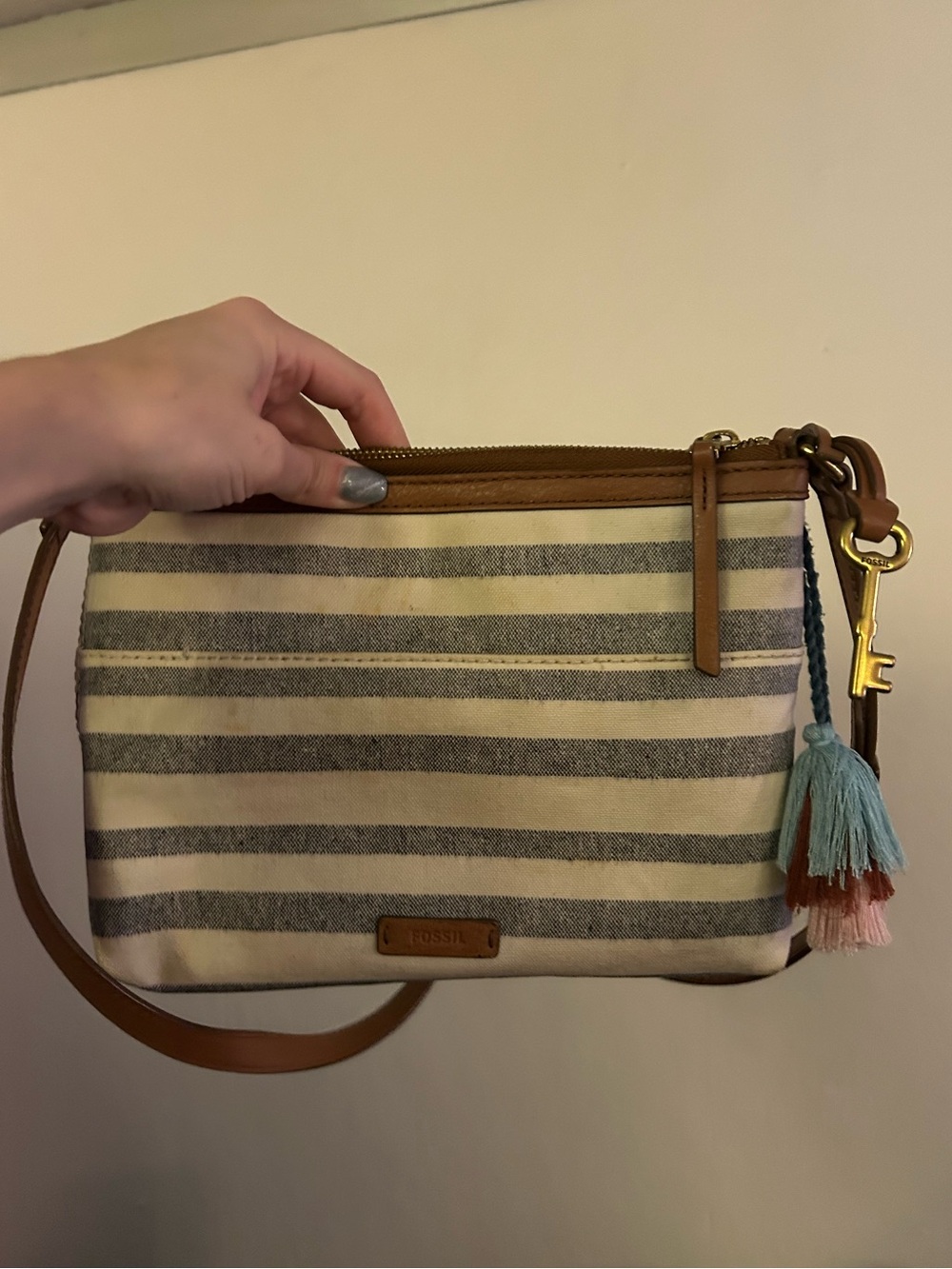 GET 2 Fossil Cream & Gray Striped Canvas Crossbody with Tassel and wallet